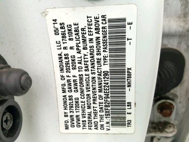 19XFB2F94EE241290 - 2014 HONDA CIVIC EXL WHITE photo 10