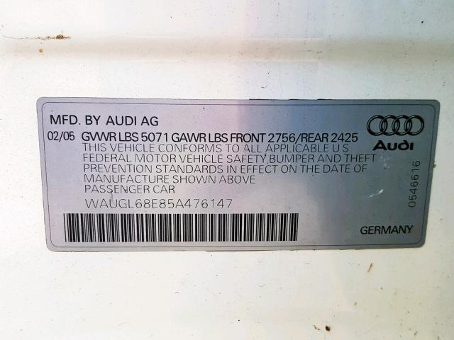 WAUGL68E85A476147 - 2005 AUDI NEW S4 QUA WHITE photo 10