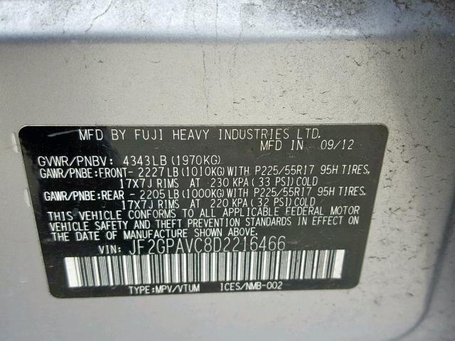 JF2GPAVC8D2216466 - 2013 SUBARU XV CROSSTR SILVER photo 10