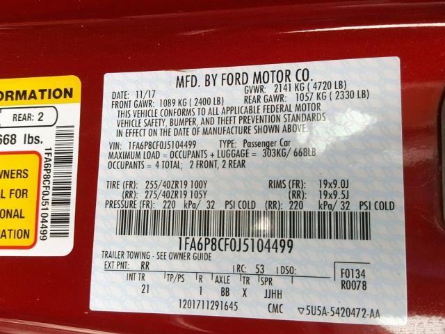 1FA6P8CF0J5104499 - 2018 FORD MUSTANG GT RED photo 10