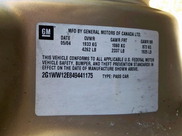 2G1WW12E849441175 - 2004 CHEVROLET MONTE CARL 金色 照片 10