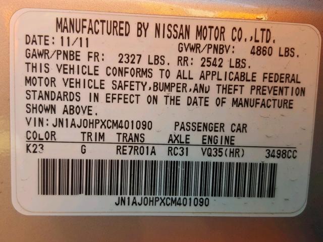 JN1AJ0HPXCM401090 - 2012 INFINITI EX35 BASE SILVER photo 10