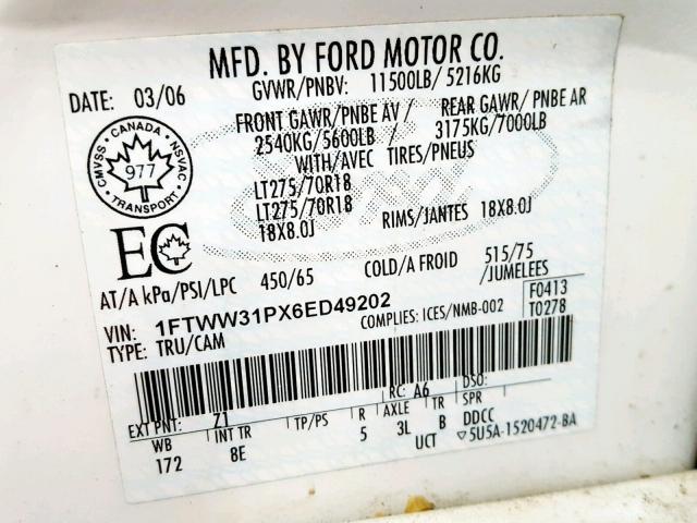 1FTWW31PX6ED49202 - 2006 FORD F350 SRW S WHITE photo 10