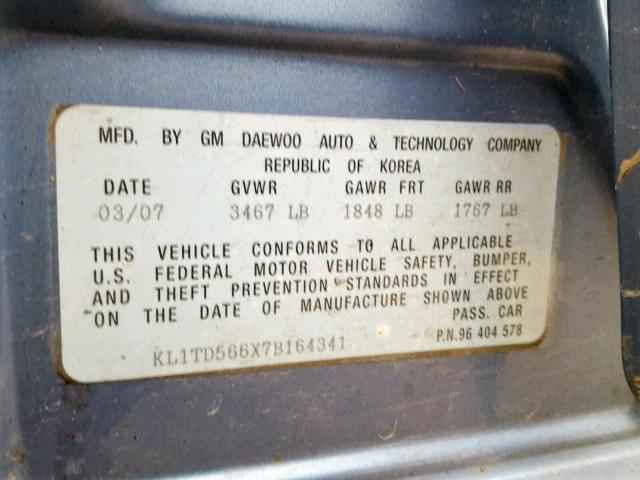 KL1TD566X7B164341 - 2007 CHEVROLET AVEO BASE Көк фото 10
