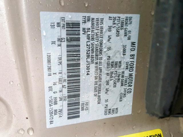 5LMFL27528LJ13014 - 2008 LINCOLN NAVIGATOR TAN photo 10