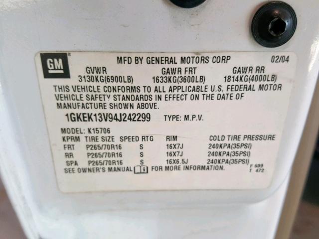 1GKEK13V94J242299 - 2004 GMC YUKON WHITE photo 10