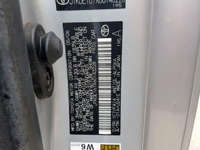 JTKDE167X60143228 - 2006 TOYOTA SCION TC ვერცხლისფერი ფოტო 10