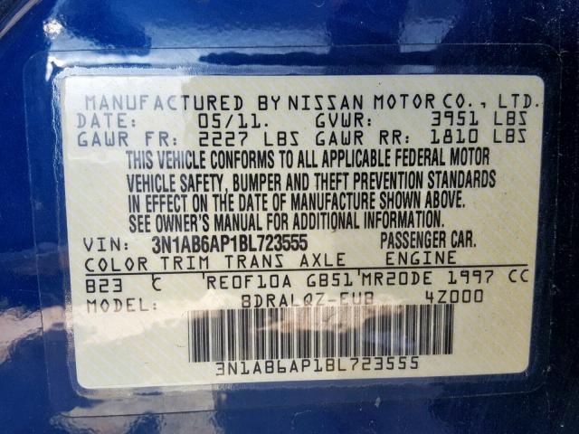 3N1AB6AP1BL723555 - 2011 NISSAN SENTRA 2.0 BLUE photo 10