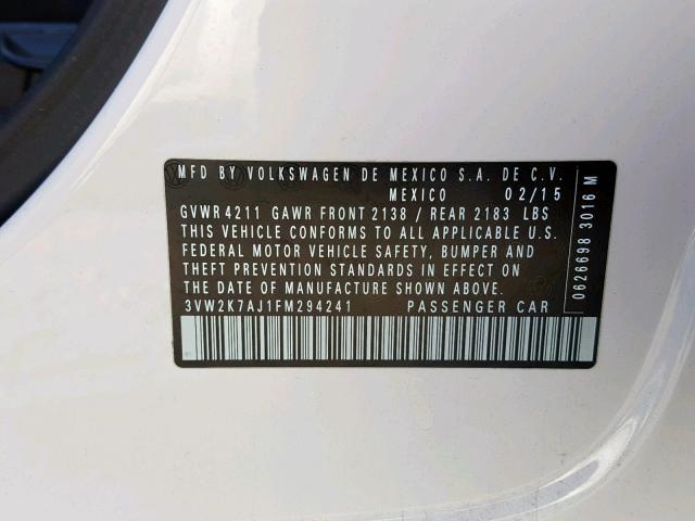 3VW2K7AJ1FM294241 - 2015 VOLKSWAGEN JETTA BASE WHITE photo 10