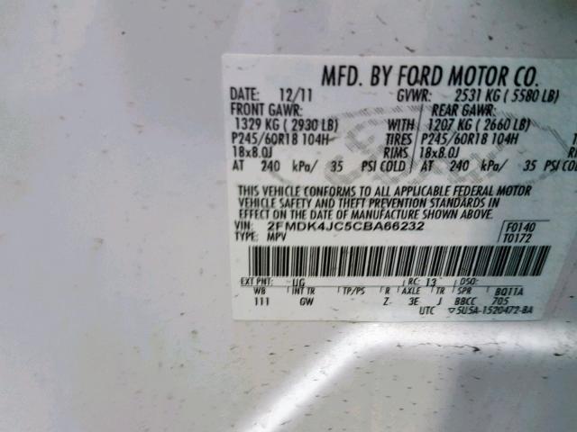 2FMDK4JC5CBA66232 - 2012 FORD EDGE SEL WHITE photo 10