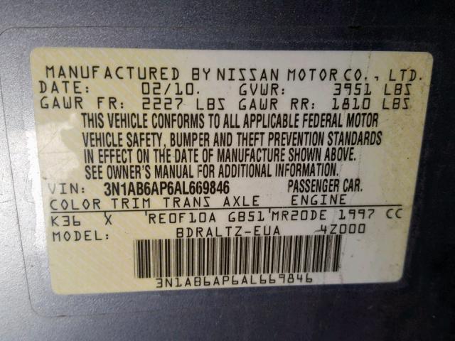 3N1AB6AP6AL669846 - 2010 NISSAN SENTRA 2.0 GRAY photo 10