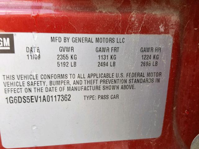 1G6DS5EV1A0117362 - 2010 CADILLAC CTS PREMIU RED photo 10