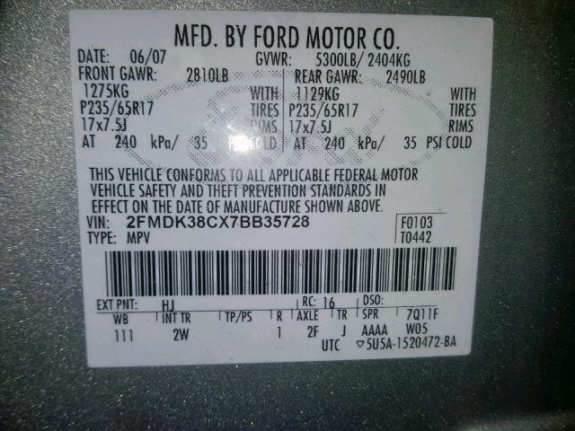 2FMDK38CX7BB35728 - 2007 FORD EDGE SEL GRAY photo 10