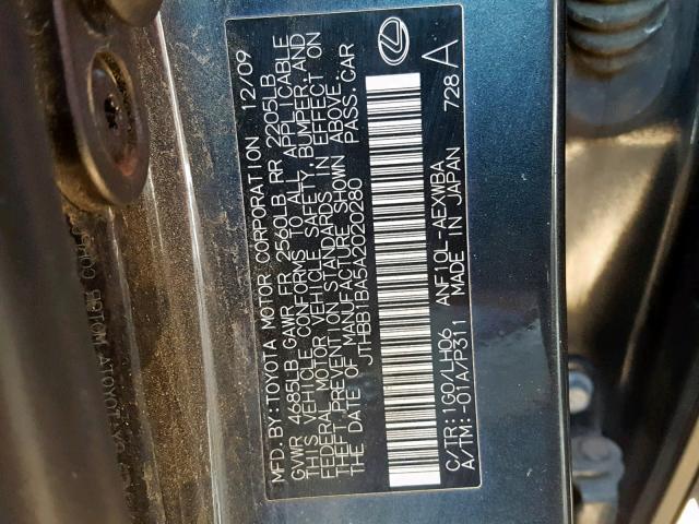 JTHBB1BA5A2020280 - 2010 LEXUS HS 250H BLACK photo 10