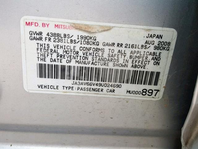 JA3AV66V49U024690 - 2009 MITSUBISHI LANCER RAL GRAY photo 10