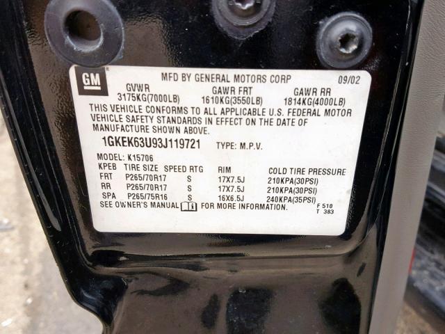 1GKEK63U93J119721 - 2003 GMC YUKON DENA BLACK photo 10