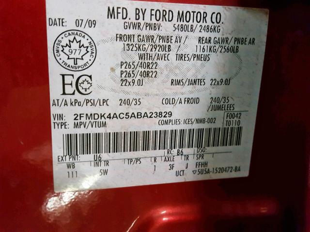 2FMDK4AC5ABA23829 - 2010 FORD EDGE SPORT RED photo 10