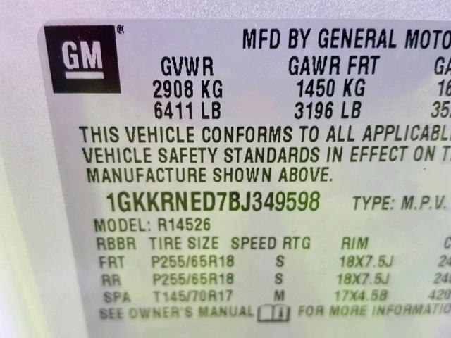 1GKKRNED7BJ349598 - 2011 GMC ACADIA SLE SILVER photo 10