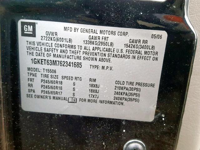 1GKET63M762341685 - 2006 GMC ENVOY DENA BLACK photo 10