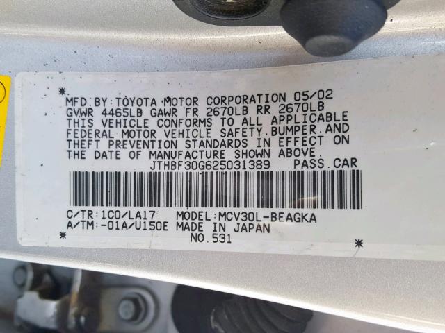 JTHBF30G625031389 - 2002 LEXUS ES 300 SILVER photo 10