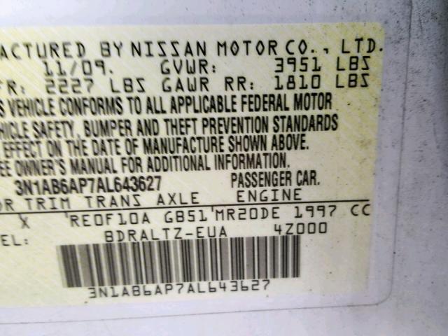 3N1AB6AP7AL643627 - 2010 NISSAN SENTRA 2.0 WHITE photo 10