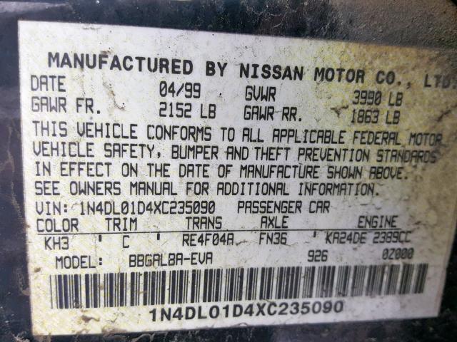 1N4DL01D4XC235090 - 1999 NISSAN ALTIMA XE BLACK photo 10