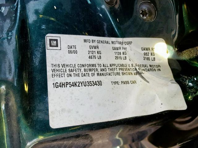 1G4HP54K2YU353430 - 2000 BUICK LESABRE CU GREEN photo 10