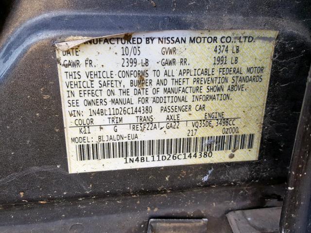 1N4BL11D26C144380 - 2006 NISSAN ALTIMA SE CHARCOAL photo 10