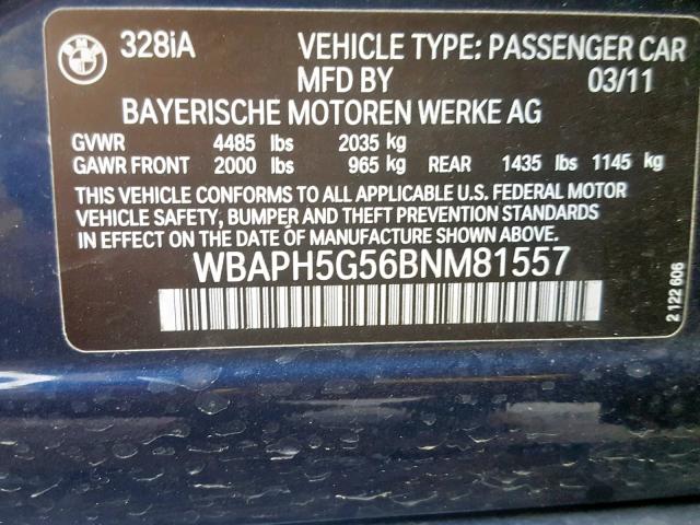 WBAPH5G56BNM81557 - 2011 BMW 328 I SULE BLUE photo 10