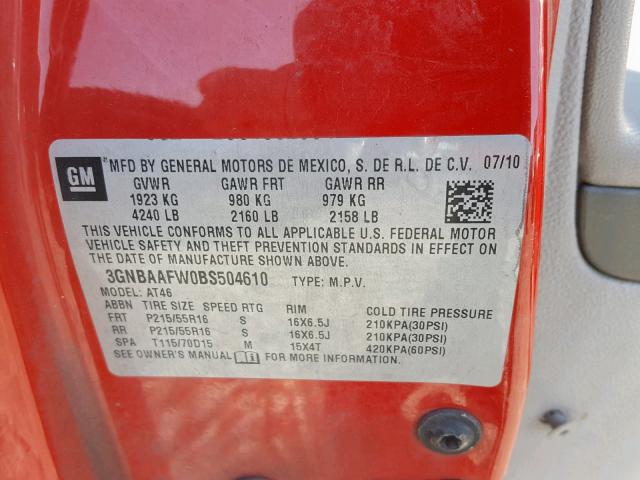 3GNBAAFW0BS504610 - 2011 CHEVROLET HHR LS Қызыл фото 10