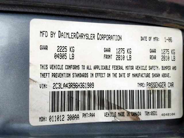 2C3LA43R96H361909 - 2006 CHRYSLER 300 GRAY photo 10