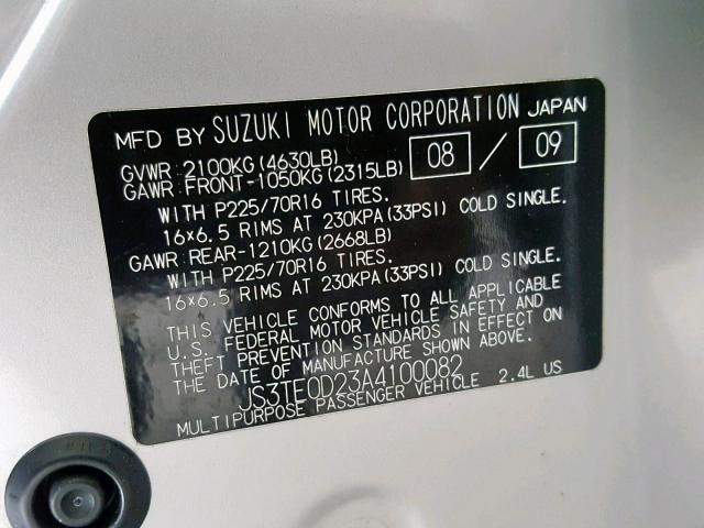 JS3TE0D23A4100082 - 2010 SUZUKI GRAND VITA SILVER photo 10