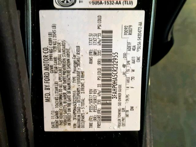 3FAHP0HA5CR232955 - 2012 FORD FUSION SE BLACK photo 10