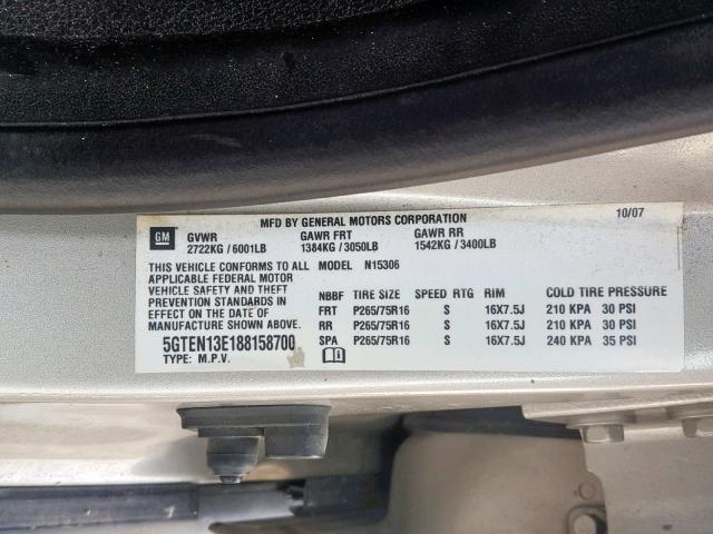 5GTEN13E188158700 - 2008 HUMMER H3 GRAY photo 10