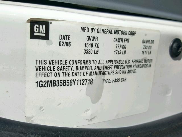 1G2MB35B56Y112718 - 2006 PONTIAC SOLSTICE WHITE photo 10