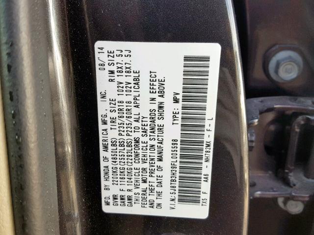 5J8TB3H39FL005598 - 2015 ACURA RDX GRAY photo 10