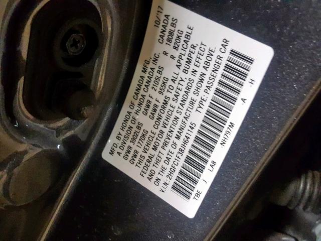 2HGFC1F38JH641145 - 2018 HONDA CIVIC EX 灰色 照片 10