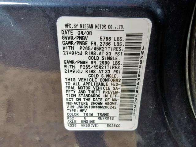 JNRBS18W49M200242 - 2009 INFINITI FX50 BLUE photo 10