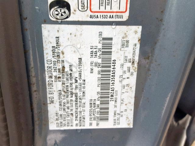 2FMZA51635BA56486 - 2005 FORD FREESTAR S BLUE photo 10