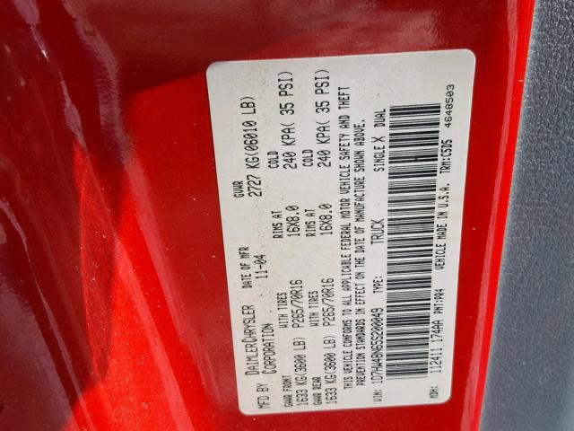 1D7HW48N65S200049 - 2005 DODGE DAKOTA QUA RED photo 10