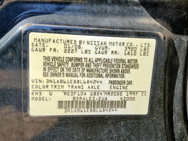 3N1AB61E88L684244 - 2008 NISSAN SENTRA 2.0 BLACK photo 10