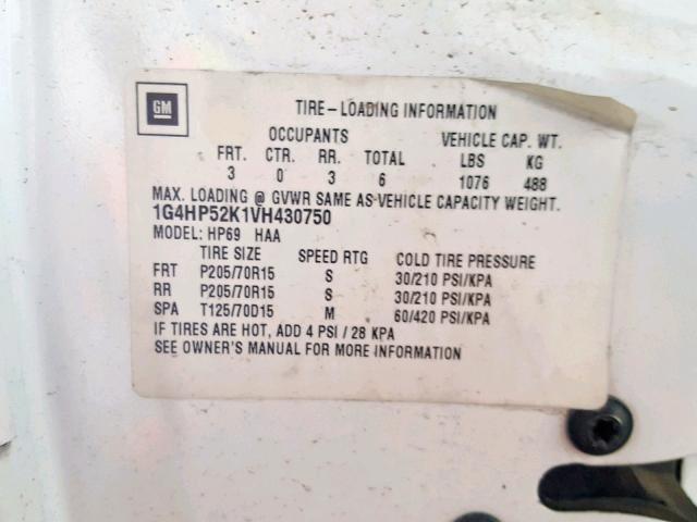 1G4HP52K1VH430750 - 1997 BUICK LESABRE CU WHITE photo 10