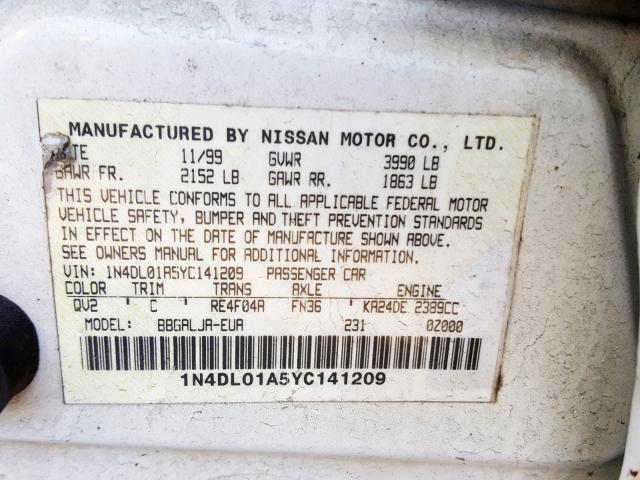 1N4DL01A5YC141209 - 2000 NISSAN ALTIMA XE WHITE photo 10