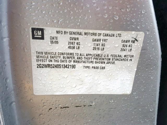 2G2WR524051342190 - 2005 PONTIAC GRAND PRIX SILVER photo 10