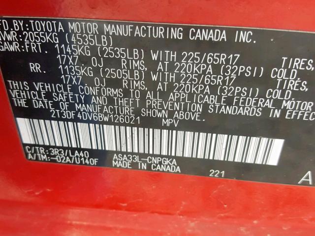 2T3DF4DV6BW126021 - 2011 TOYOTA RAV4 LIMIT RED photo 10