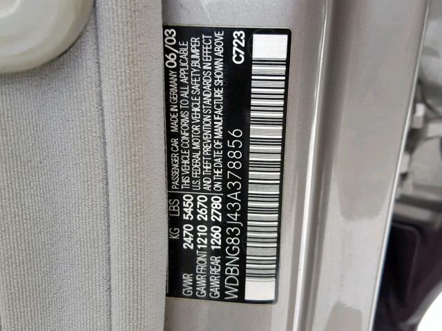 WDBNG83J43A378856 - 2003 MERCEDES-BENZ S 430 4MAT GRAY photo 10