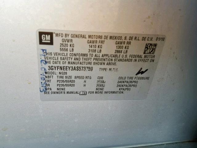 3GYFNEEY3AS573759 - 2010 CADILLAC SRX PERFOR 银色 照片 10