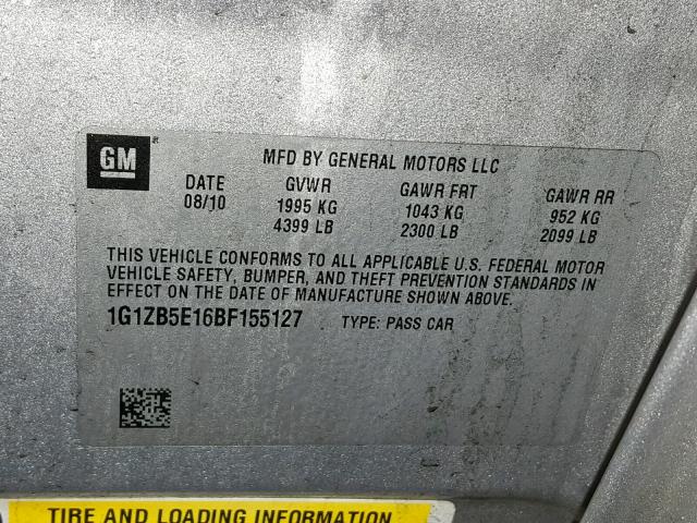 1G1ZB5E16BF155127 - 2011 CHEVROLET MALIBU LS Gümüş foto 10