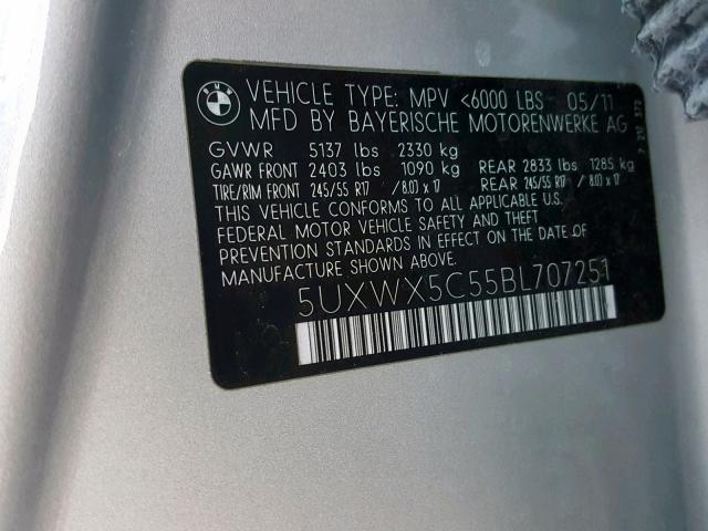 5UXWX5C55BL707251 - 2011 BMW X3 XDRIVE2 SILVER photo 10