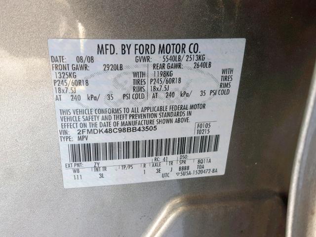 2FMDK48C98BB43505 - 2008 FORD EDGE SEL SILVER photo 10